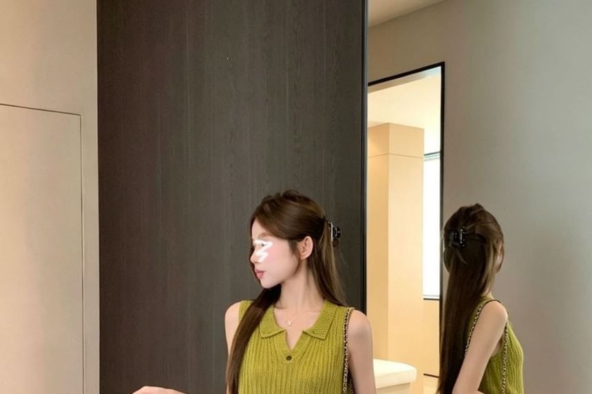 Collared Plain Knit Tank Top