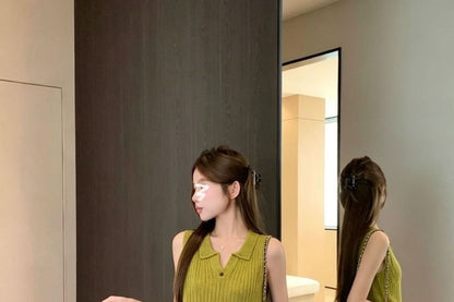 Collared Plain Knit Tank Top