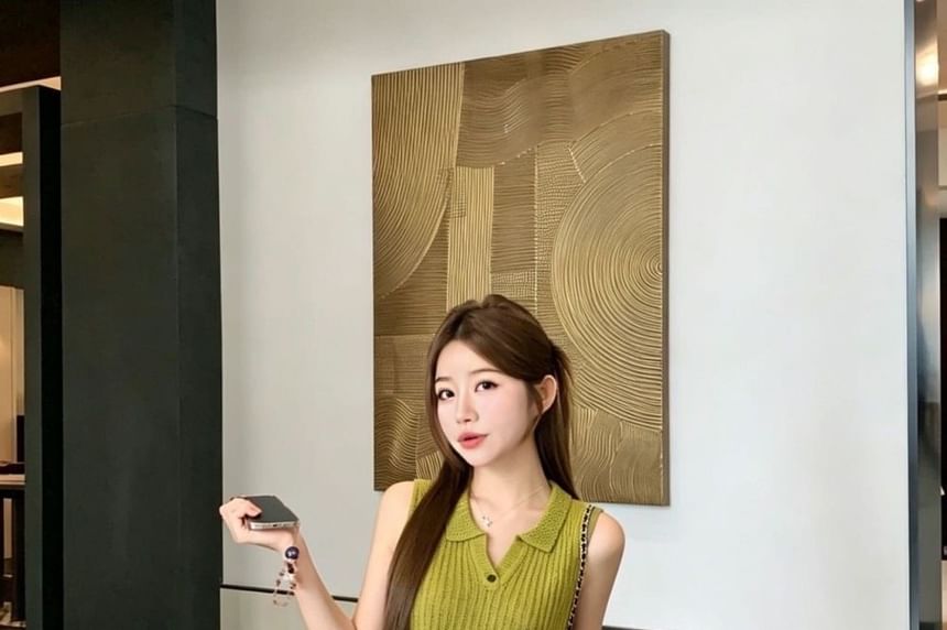 Collared Plain Knit Tank Top