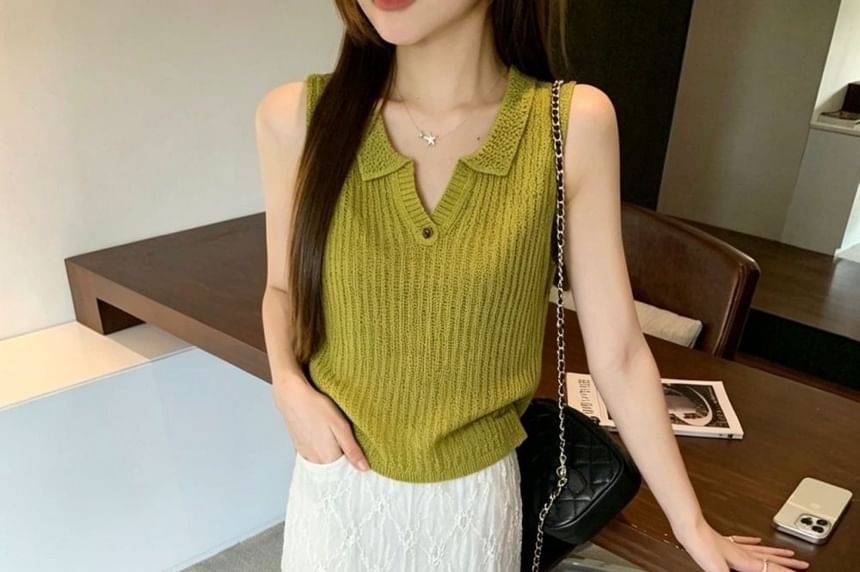 Collared Plain Knit Tank Top