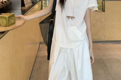 Short-Sleeve V-Neck Lace Trim Sheer T-Shirt