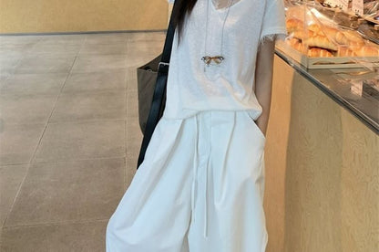 Short-Sleeve V-Neck Lace Trim Sheer T-Shirt