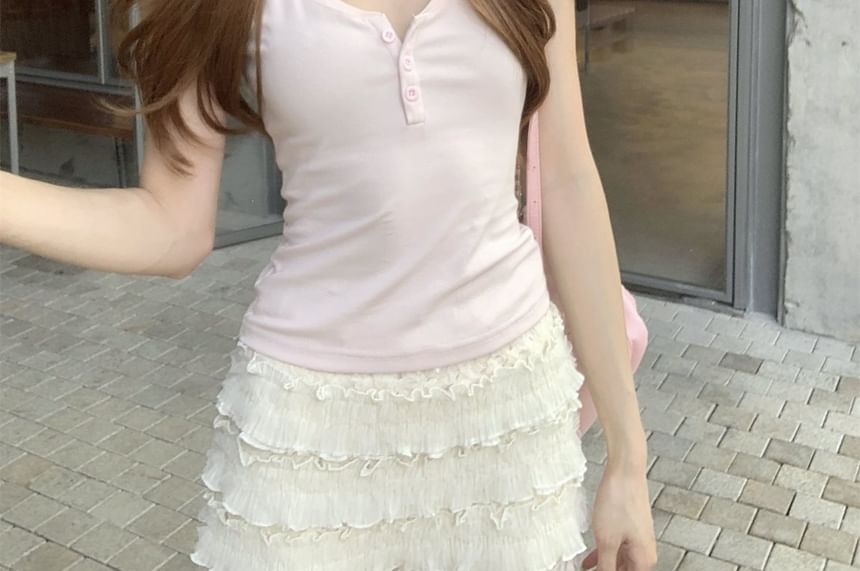 Short-Sleeve V-Neck Plain Slim Fit Crop T-Shirt