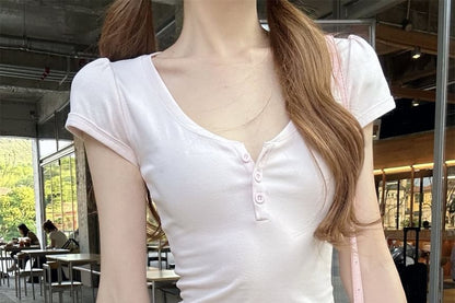 Short-Sleeve V-Neck Plain Slim Fit Crop T-Shirt