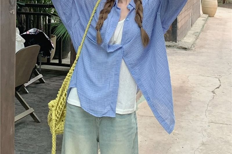 Long-Sleeve Plaid Button-Up Sheer Shirt
