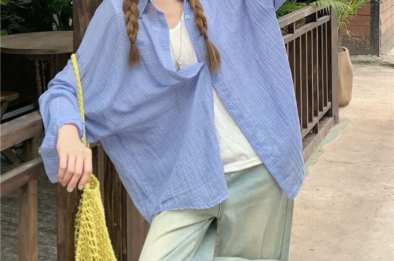 Long-Sleeve Plaid Button-Up Sheer Shirt