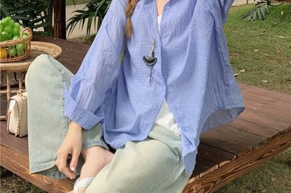 Long-Sleeve Plaid Button-Up Sheer Shirt