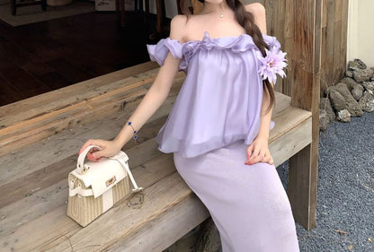 Off Shoulder Flower Detail Ruffle Trim Top / Mid Rise Knit Maxi Pencil Skirt