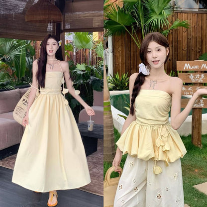 Strapless Plain Bubble Top / Strapless Plain Maxi A-Line Dress / Sash / Set
