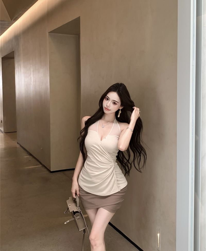 Halter V-Neck Plain Ruched Camisole Top / Mid Rise Plain Wrap Mini Pencil Skirt