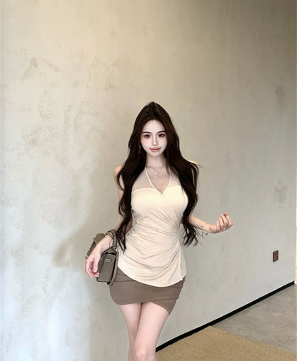 Halter V-Neck Plain Ruched Camisole Top / Mid Rise Plain Wrap Mini Pencil Skirt