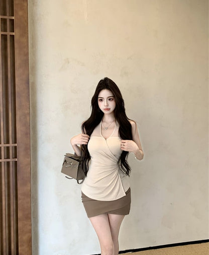 Halter V-Neck Plain Ruched Camisole Top / Mid Rise Plain Wrap Mini Pencil Skirt