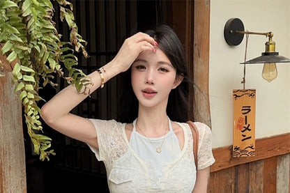 Short-Sleeve Halter Neck Mock Two Piece Lace Top