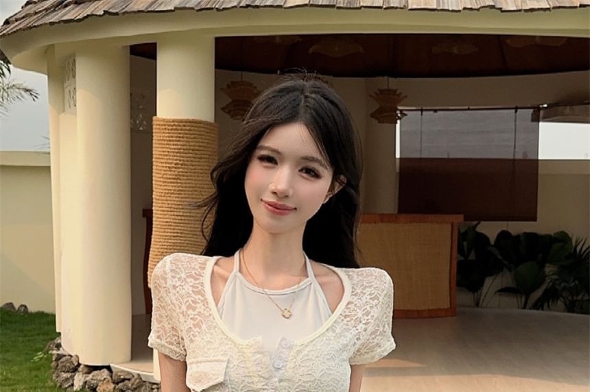 Short-Sleeve Halter Neck Mock Two Piece Lace Top