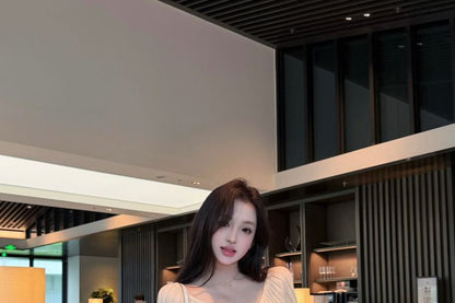 Elbow-Sleeve Scoop Neck Plain Button Ribbed Knit Top / Mid Rise Plain Mini A-Line Skirt