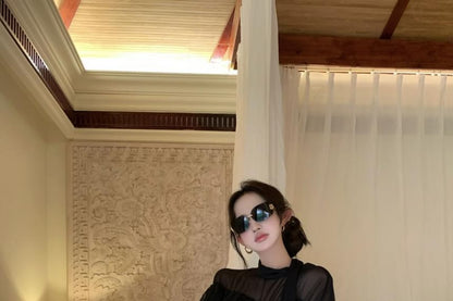 Long-Sleeve Mock Neck Plain Sheer Blouse