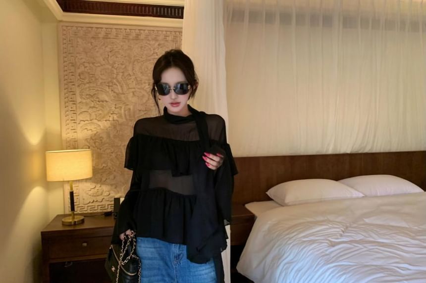 Long-Sleeve Mock Neck Plain Sheer Blouse