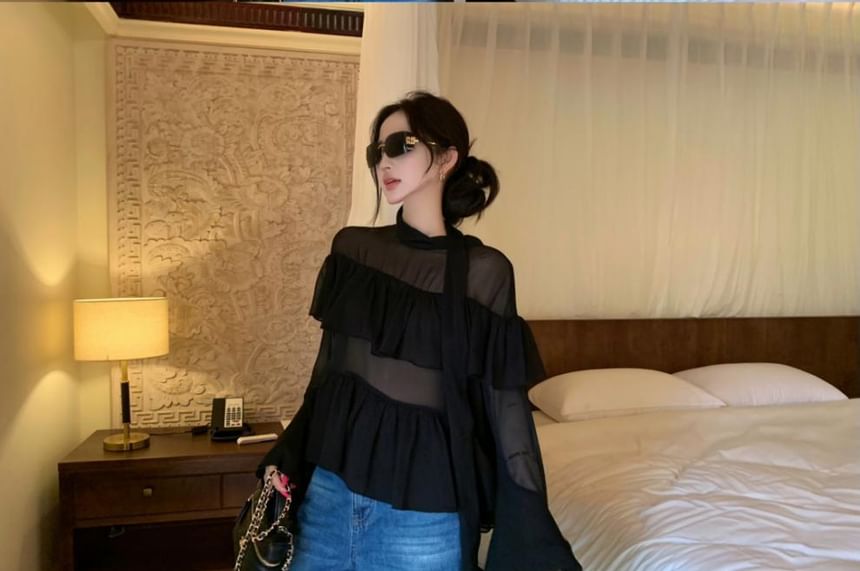 Long-Sleeve Mock Neck Plain Sheer Blouse