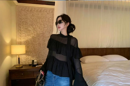 Long-Sleeve Mock Neck Plain Sheer Blouse