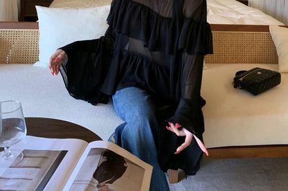 Long-Sleeve Mock Neck Plain Sheer Blouse