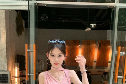 Sleeveless V-Neck Plain Ruched Top / Mid Rise Plain Wide Leg Pants