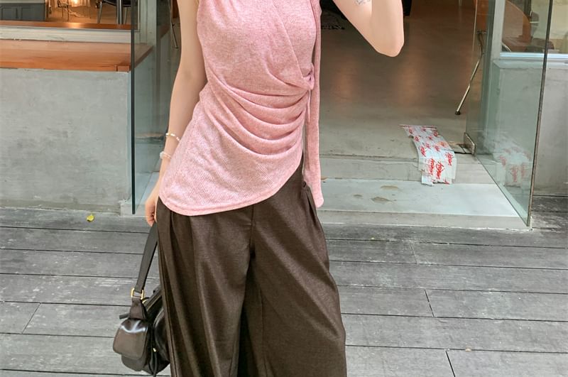 Sleeveless V-Neck Plain Ruched Top / Mid Rise Plain Wide Leg Pants