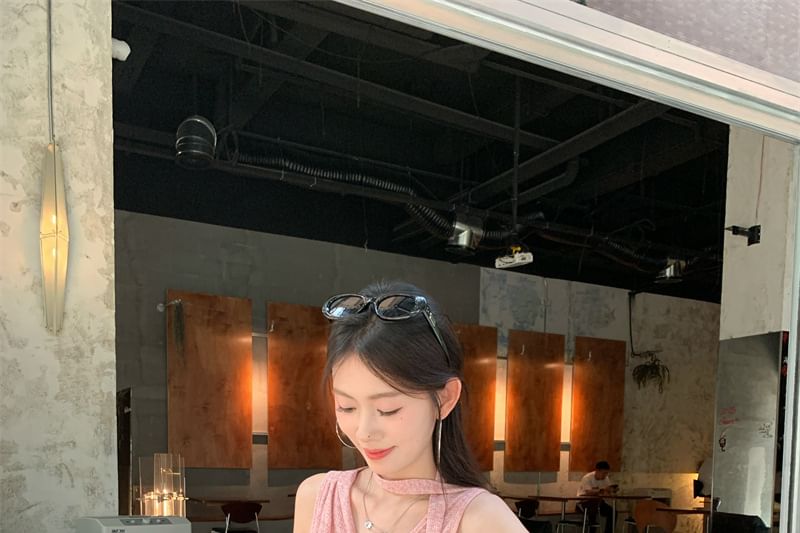 Sleeveless V-Neck Plain Ruched Top / Mid Rise Plain Wide Leg Pants