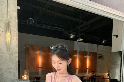 Sleeveless V-Neck Plain Ruched Top / Mid Rise Plain Wide Leg Pants