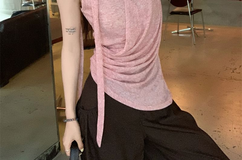 Sleeveless V-Neck Plain Ruched Top / Mid Rise Plain Wide Leg Pants