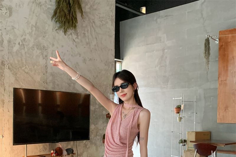 Sleeveless V-Neck Plain Ruched Top / Mid Rise Plain Wide Leg Pants