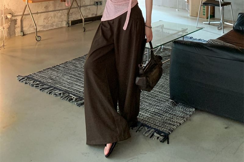 Sleeveless V-Neck Plain Ruched Top / Mid Rise Plain Wide Leg Pants