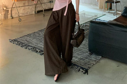 Sleeveless V-Neck Plain Ruched Top / Mid Rise Plain Wide Leg Pants