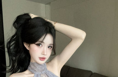 Sleeveless Mock Neck Lace Panel Top