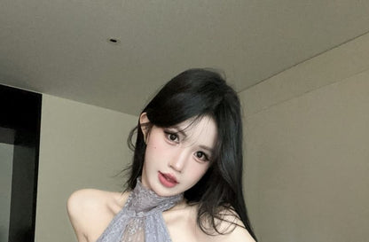 Sleeveless Mock Neck Lace Panel Top