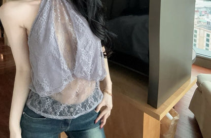 Sleeveless Mock Neck Lace Panel Top
