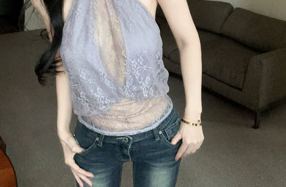 Sleeveless Mock Neck Lace Panel Top