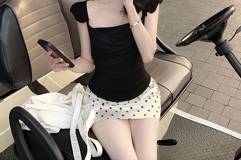 Sleeveless Square Neck Plain Ruched Top / Mid Rise Dotted Mini Pencil Skirt