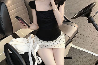 Sleeveless Square Neck Plain Ruched Top / Mid Rise Dotted Mini Pencil Skirt