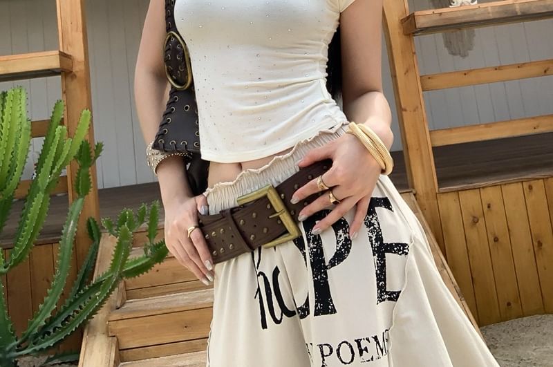 Short-Sleeve Scoop Neck Rhinestone Detail Crop T-Shirt