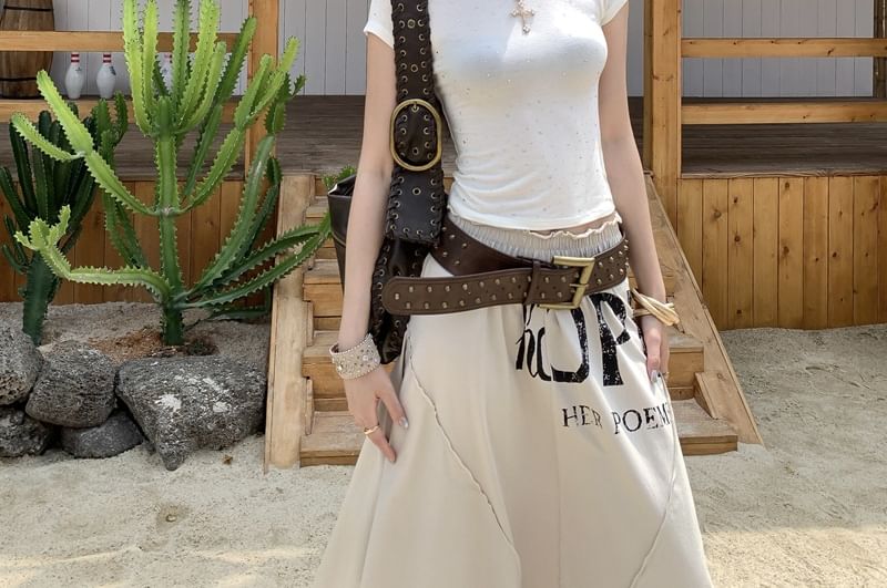 Short-Sleeve Scoop Neck Rhinestone Detail Crop T-Shirt