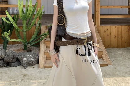 Short-Sleeve Scoop Neck Rhinestone Detail Crop T-Shirt