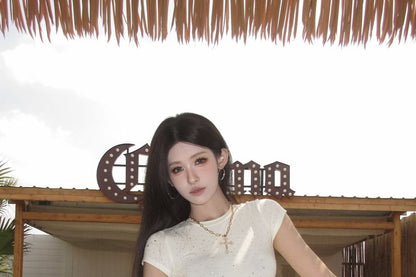 Short-Sleeve Scoop Neck Rhinestone Detail Crop T-Shirt