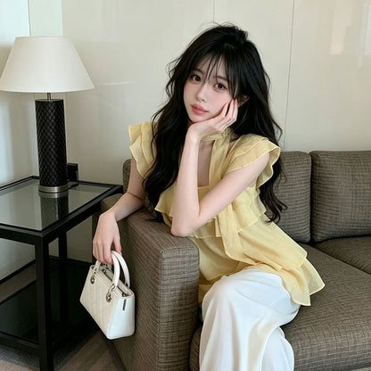 Short-Sleeve Square Neck Plain Ruffle Trim Blouse