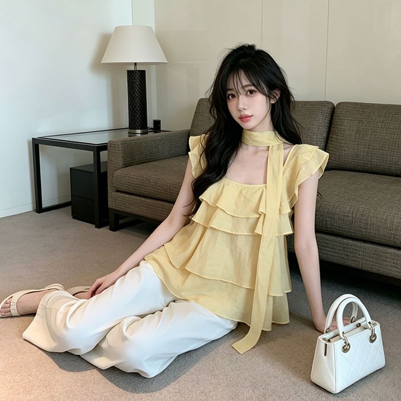 Short-Sleeve Square Neck Plain Ruffle Trim Blouse