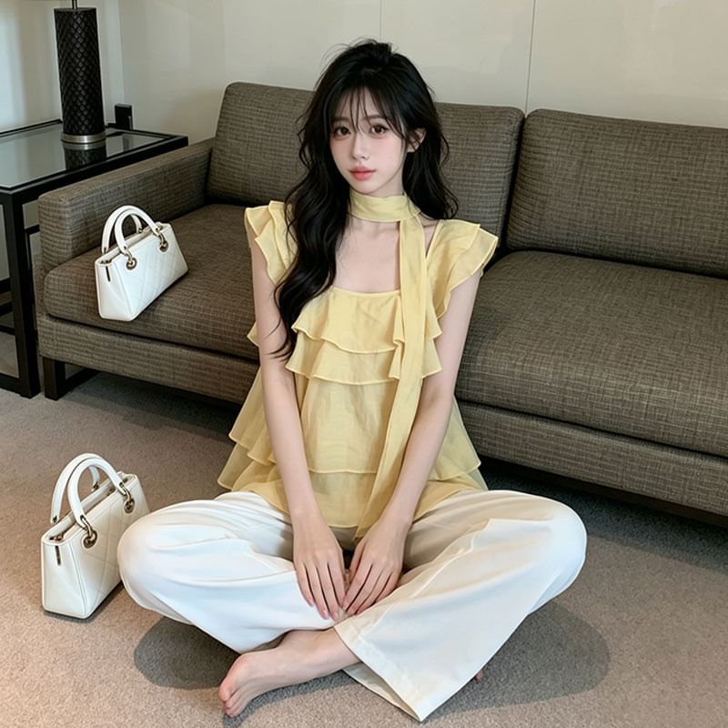 Short-Sleeve Square Neck Plain Ruffle Trim Blouse