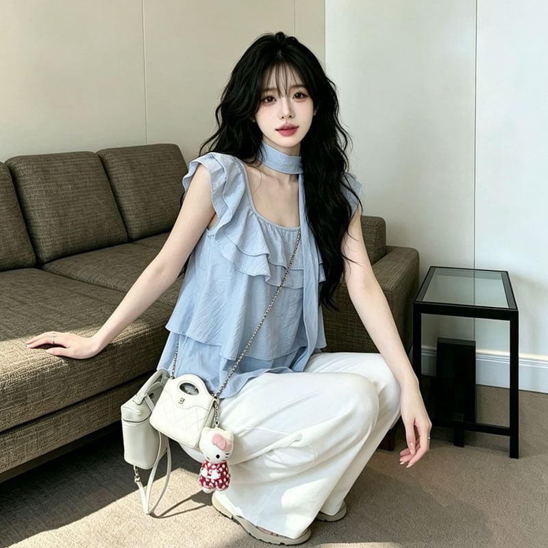 Short-Sleeve Square Neck Plain Ruffle Trim Blouse