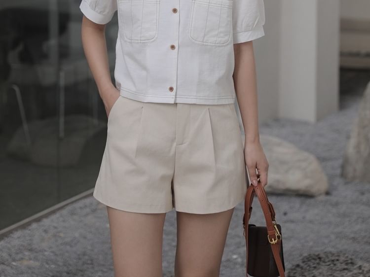 Short-Sleeve Square Neck Plain Button Up Blouse