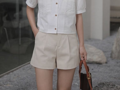 Short-Sleeve Square Neck Plain Button Up Blouse