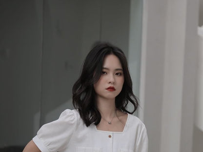 Short-Sleeve Square Neck Plain Button Up Blouse