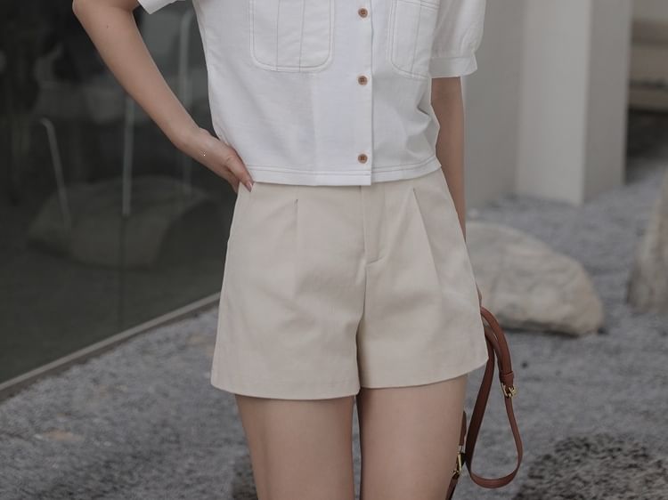 Short-Sleeve Square Neck Plain Button Up Blouse